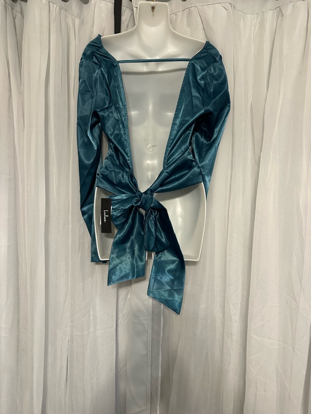 Lulu's Satin Blouse in Deep Teal with Long Sleeves and Open Back and Bow Tie - Picture 4 of 12